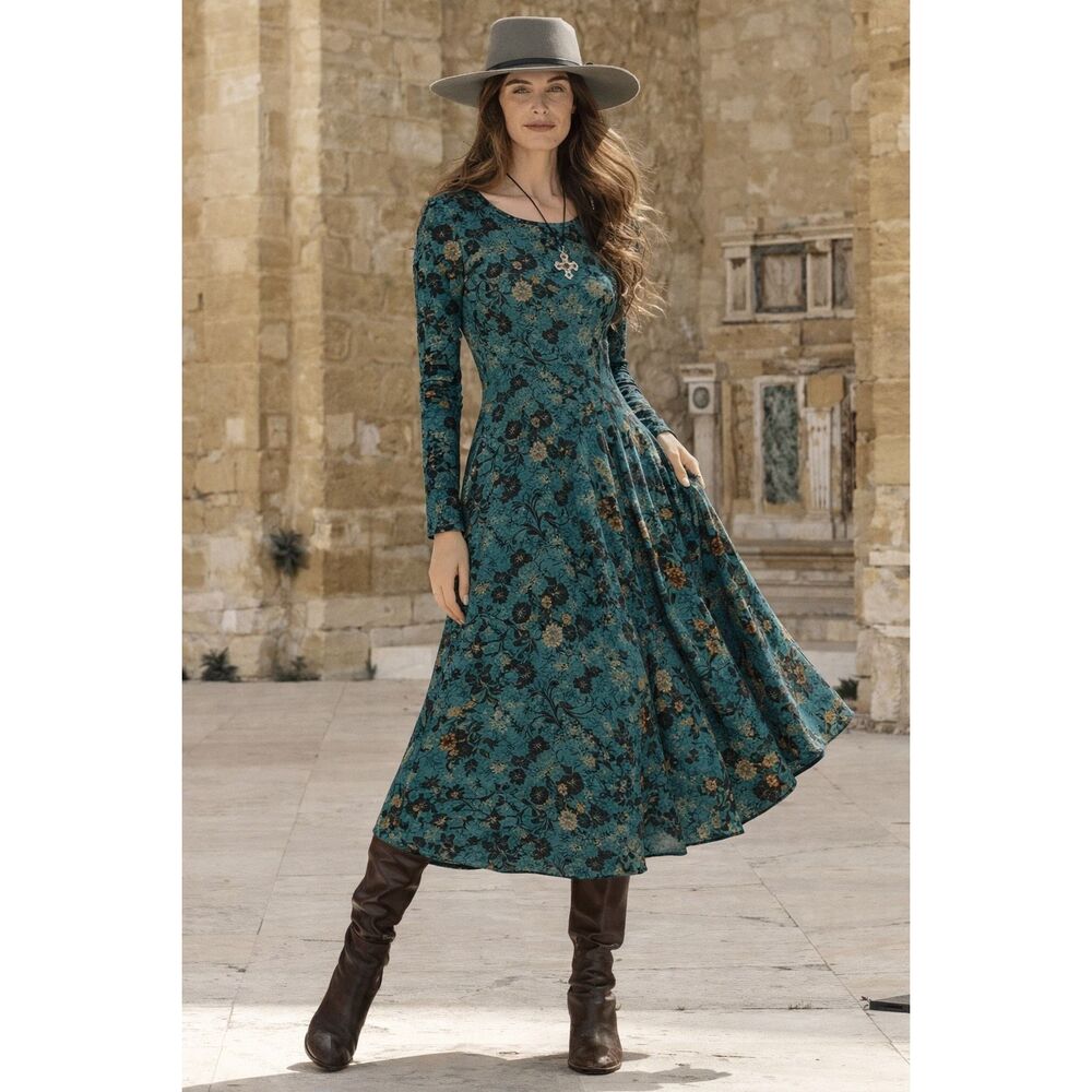 Peruvian Connection Marais Long Sleeve Midi Dress Teal Size S